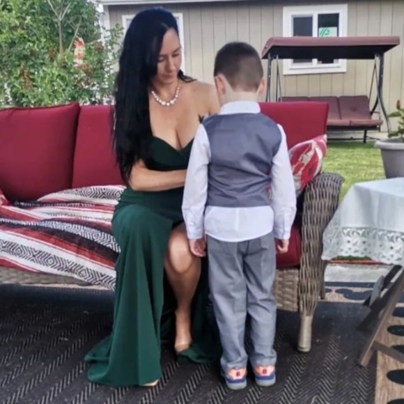 Dark green high slit mermaid dress with off the shoulder sleeves - Picture 3 of 4